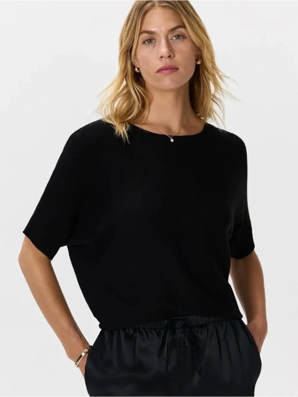 Quince Sweater Cashmere Blend Dolman Sleeve Knit Top Black Organic Cotton NWOT